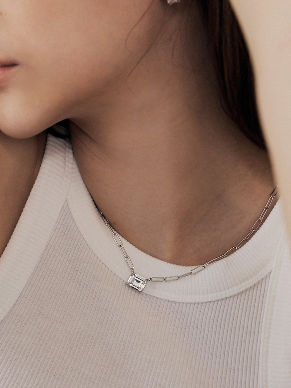 [silver925]Square crystal link necklace